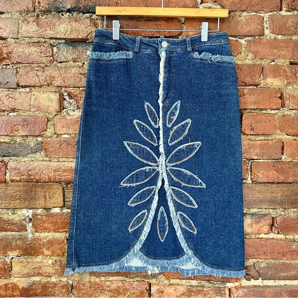 Blue Denim Skirt with Fringe and Leaf Design